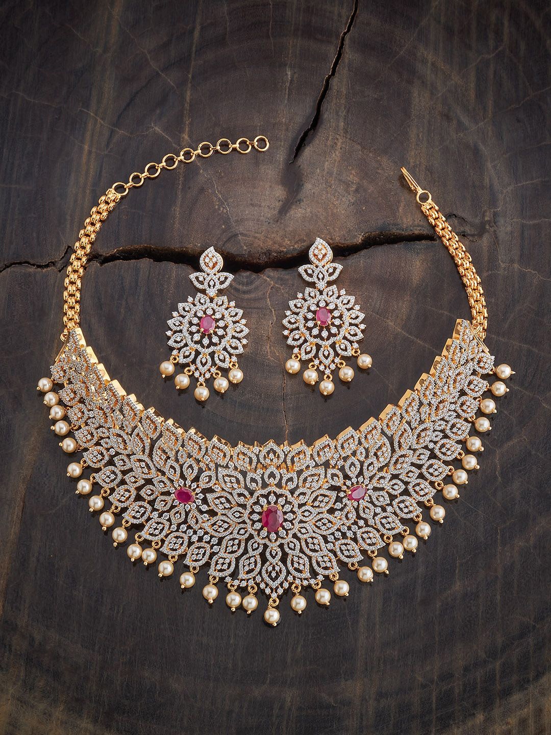 

Kushal's Fashion Jewellery Rhodium-Plated Ruby & Cubic Zirconia Studded Jewellery Set, Gold