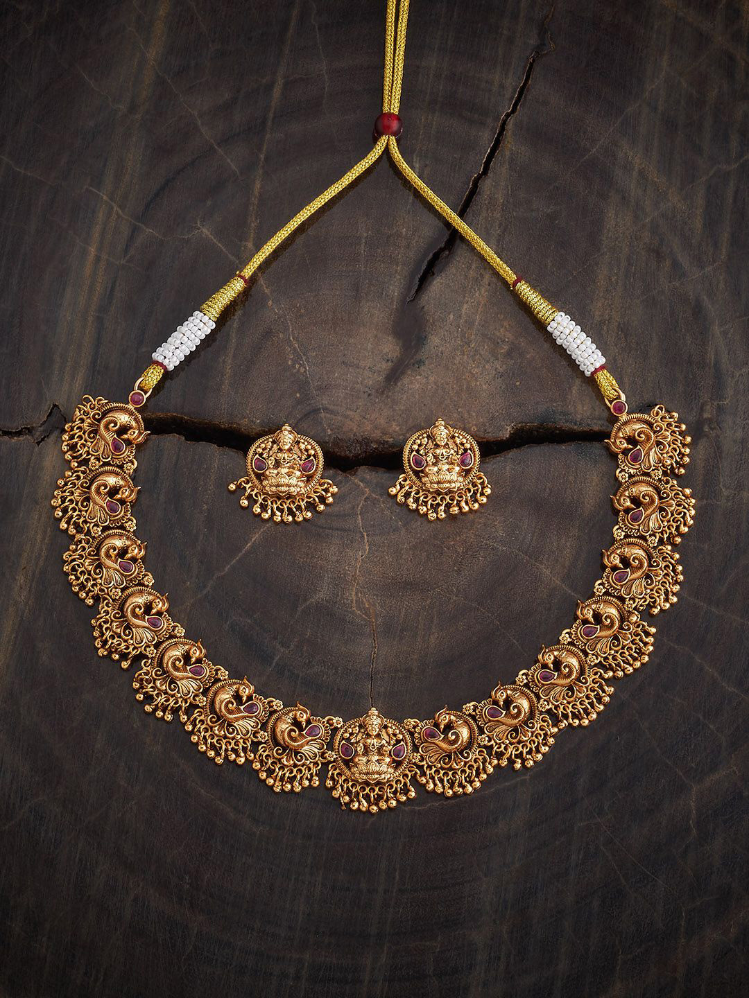 

Kushal's Fashion Jewellery Gold-Plated Ruby Studded Antique Jewellery Set