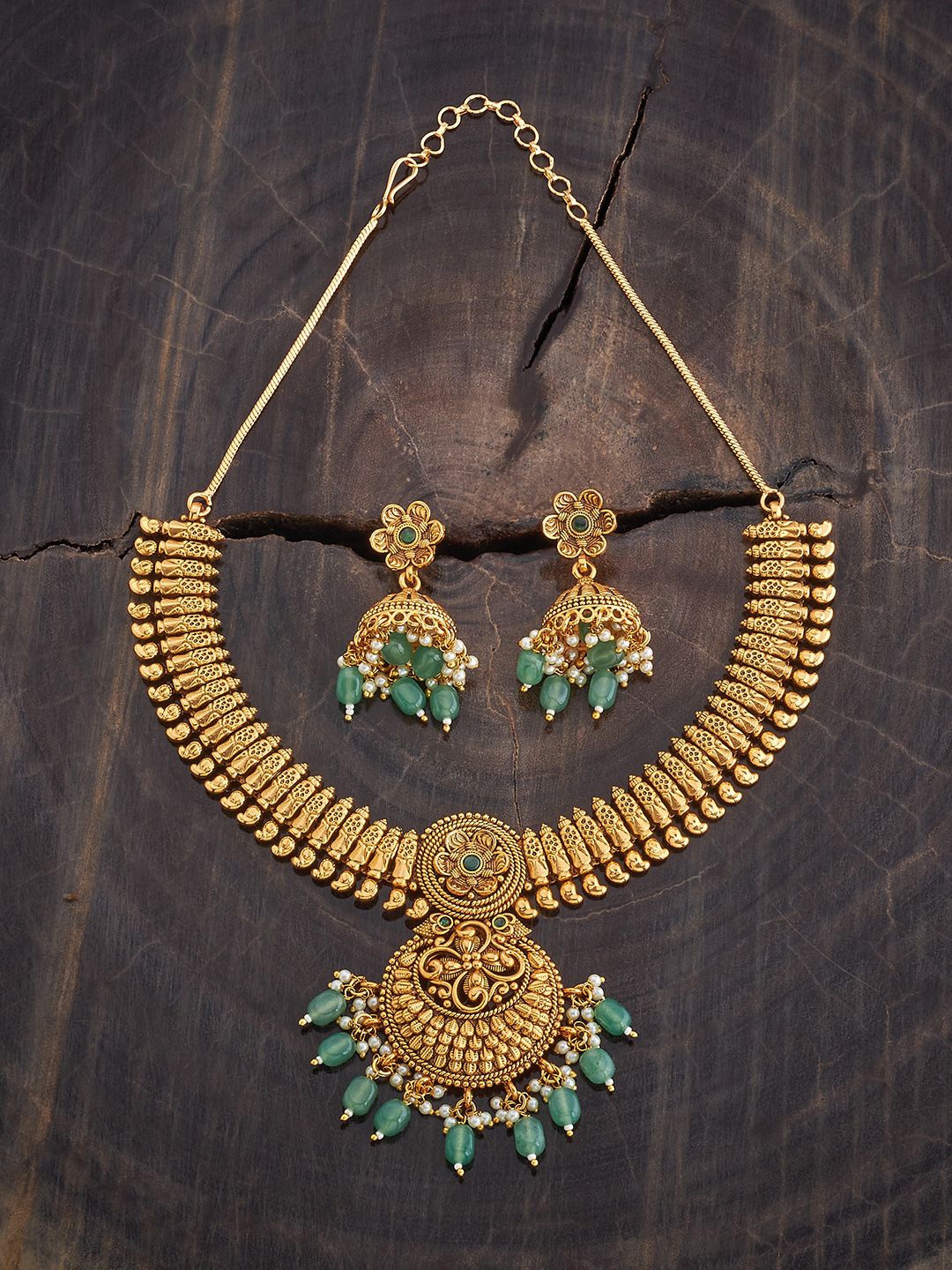 

Kushal's Fashion Jewellery Gold-Plated Stone Studded & Beaded Antique Jewellery Set