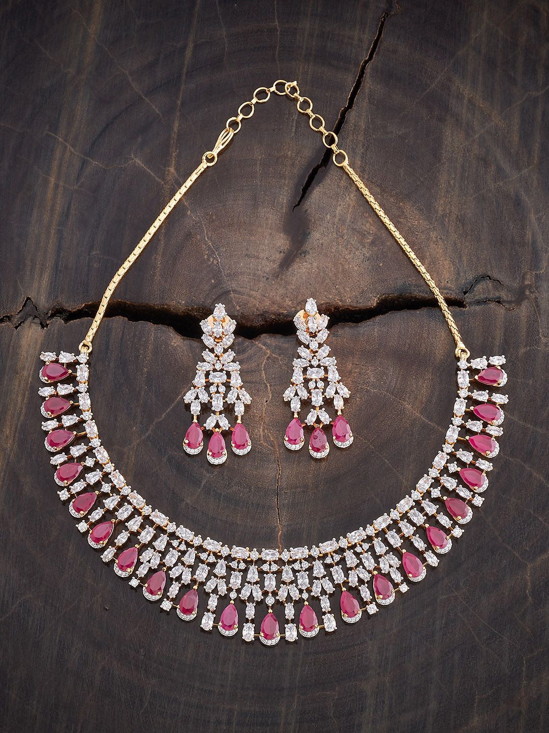 

Kushal's Fashion Jewellery Rhodium-Plated Ruby & Cubic Zirconia Studded Jewellery Set, Gold