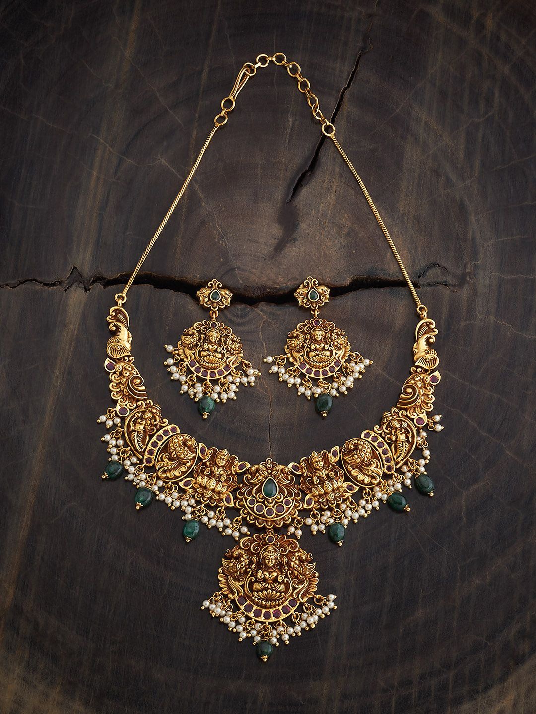 

Kushal's Fashion Jewellery Gold-Plated Ruby Stones and Beads Antique Necklace