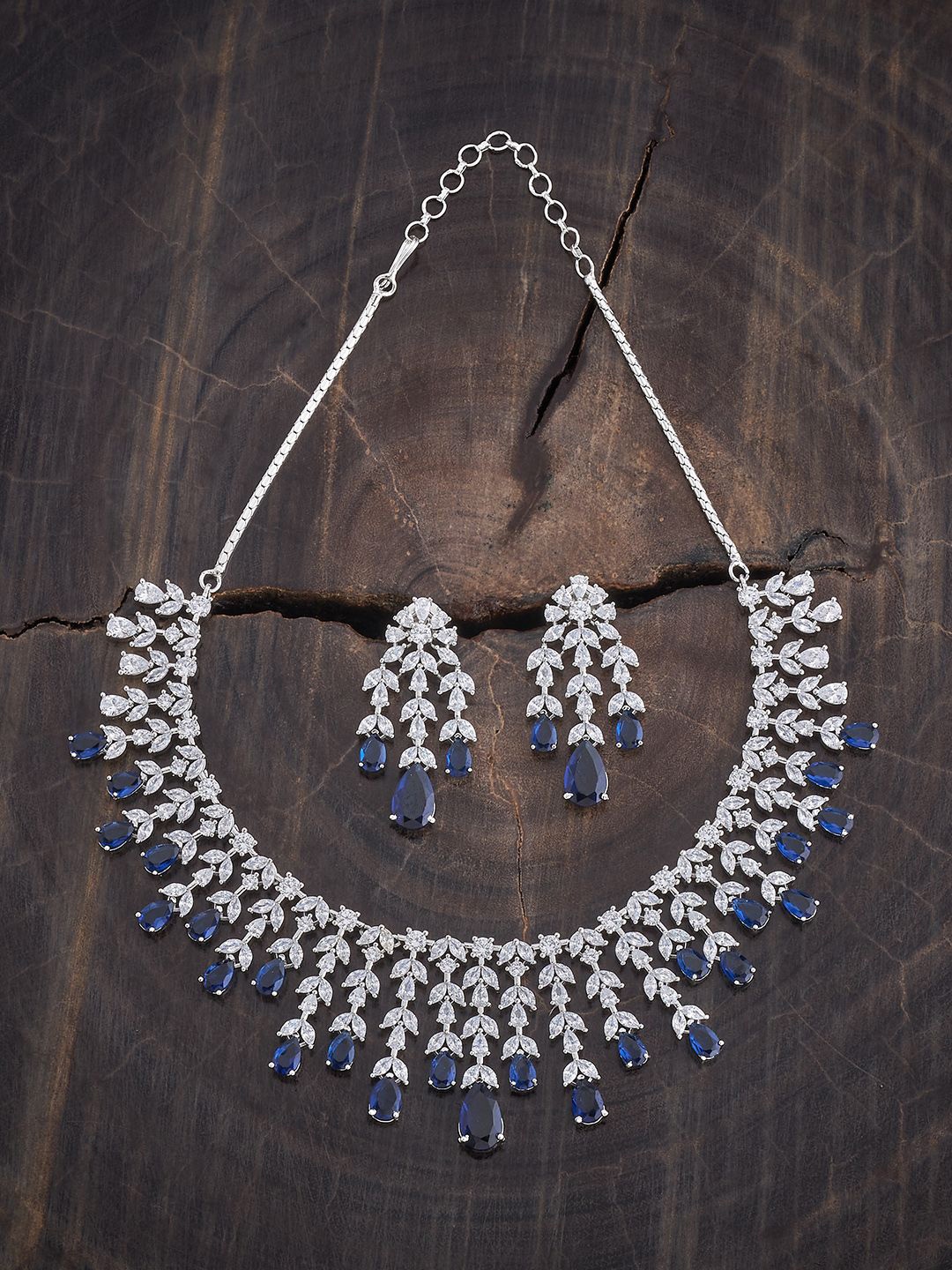 

Kushal's Fashion Jewellery Rhodium-Plated Sapphire Cubic Zirconia Studded Jewellery Set, Silver