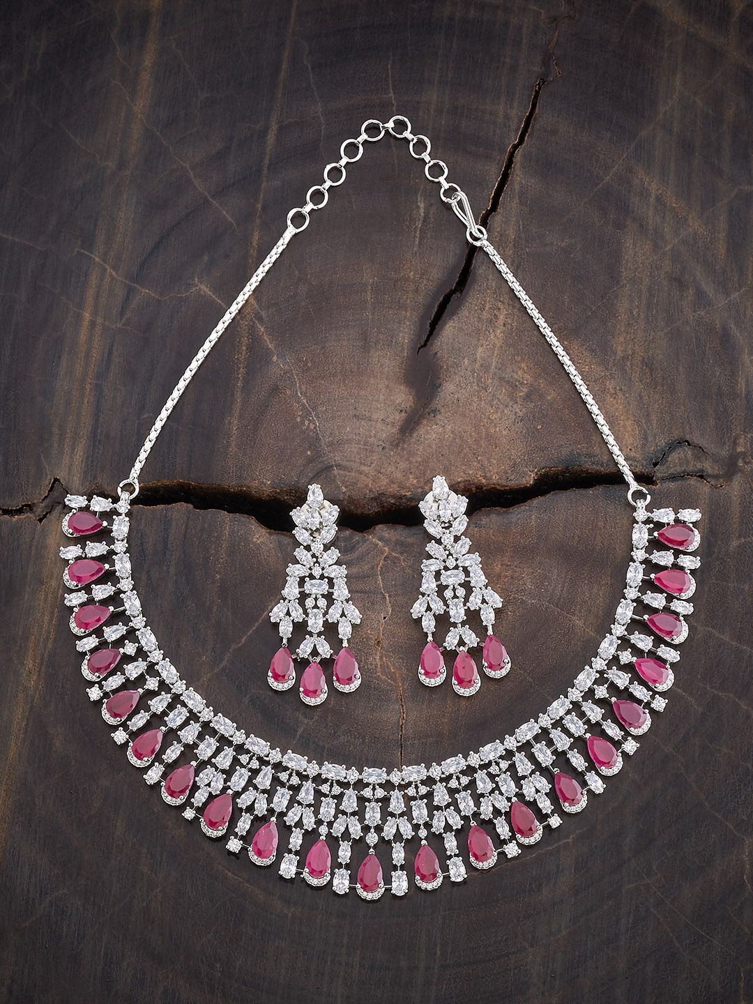 

Kushal's Fashion Jewellery Rhodium-Plated Ruby & Cubic Zirconia Studded Jewellery Set, Silver