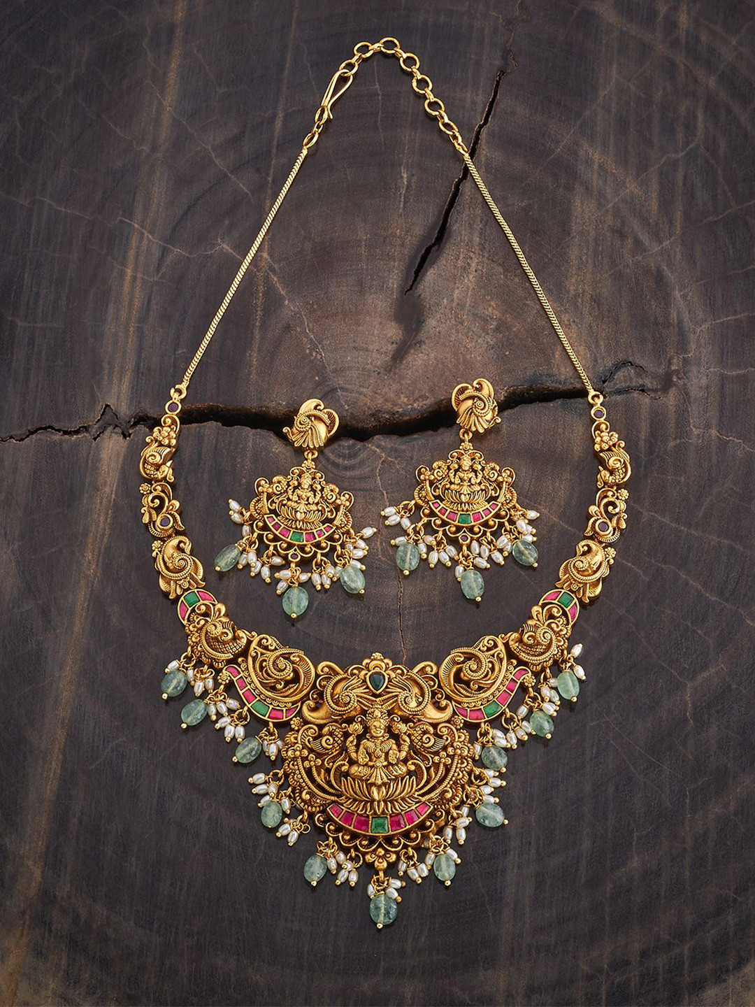 

Kushal's Fashion Jewellery Gold-Plated Ruby Studded Antique Jewellery Set