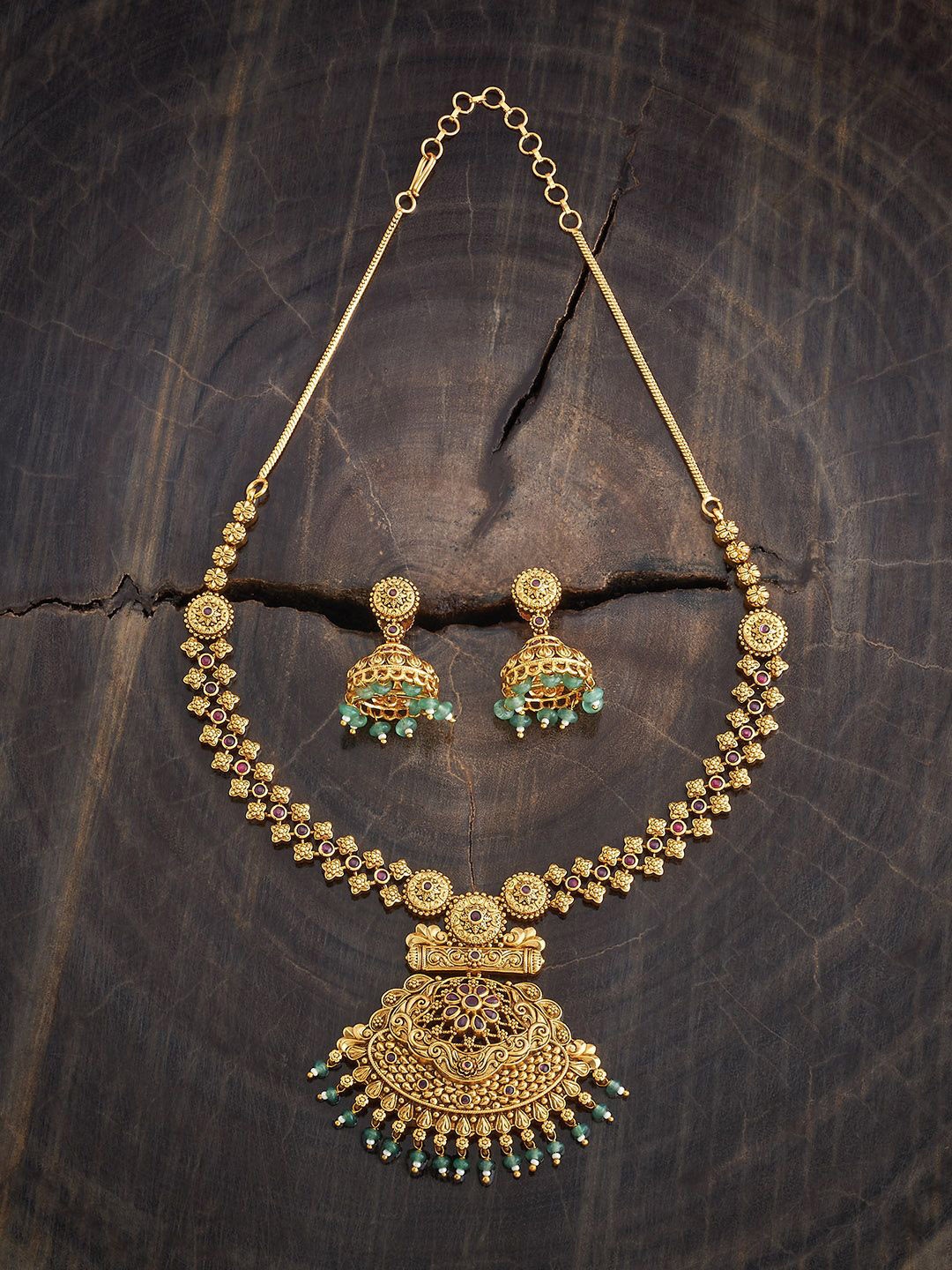 

Kushal's Fashion Jewellery Gold-Plated Ruby Studded & Beaded Antique Jewellery Set