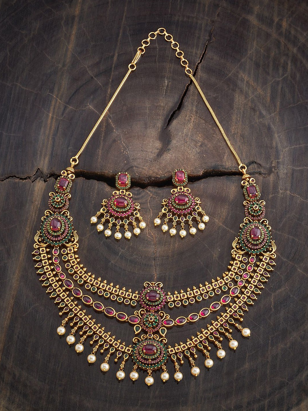 

Kushal's Fashion Jewellery Gold-Plated Ruby Studded & Beaded Antique Jewellery Set