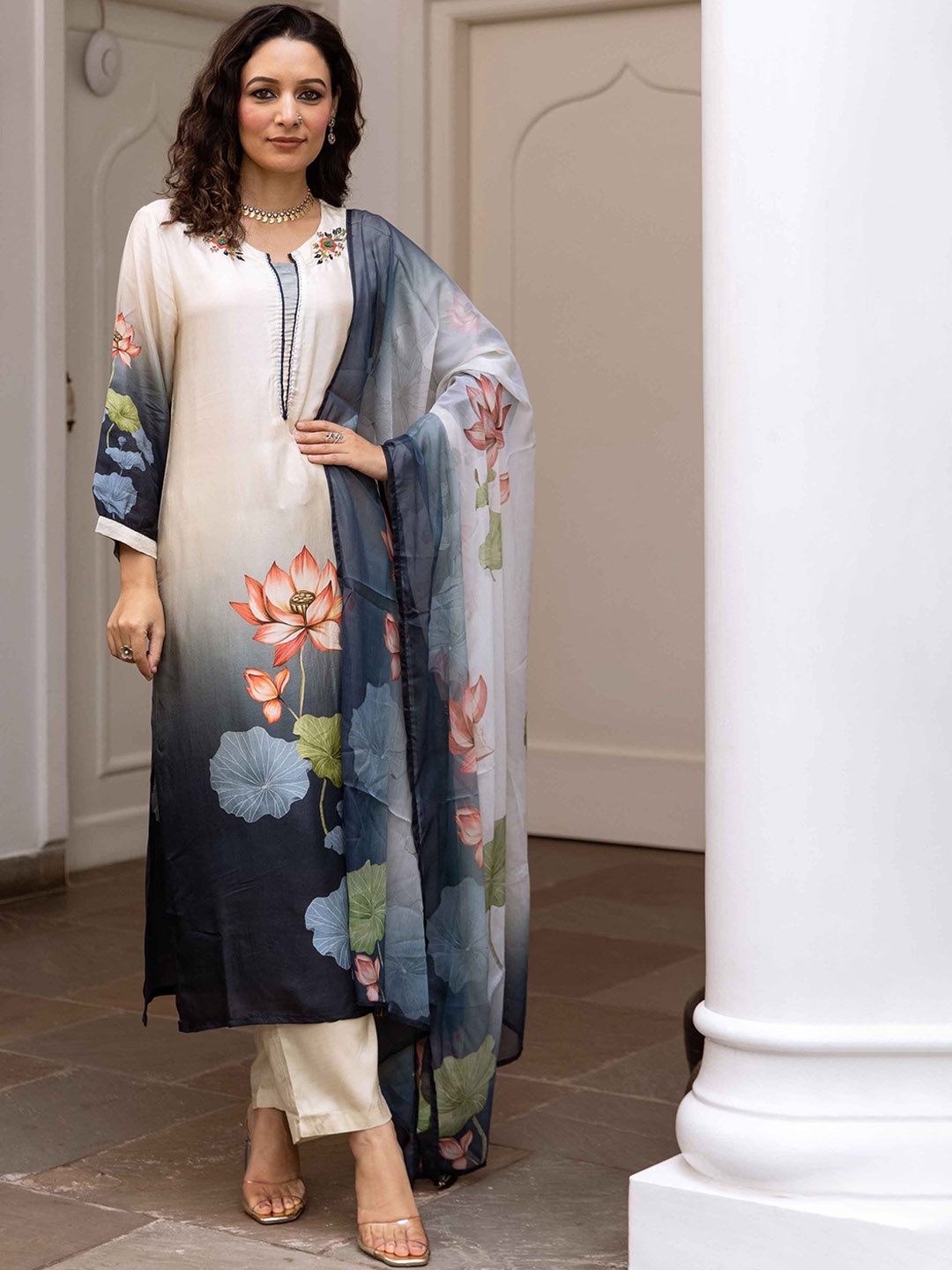 

Nehamta Floral Printed Sequinned Straight Kurta with Trousers & Dupatta, Cream