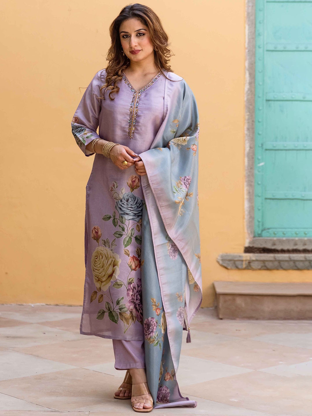 

Nehamta Floral Printed Sequinned Tissue Silk Straight Kurta with Trousers & Dupatta, Purple