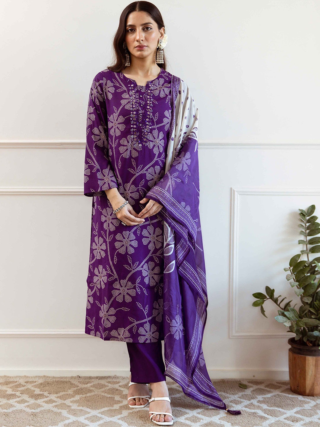 

Nehamta Floral Printed Mirror Work Straight Kurta with Trousers & Dupatta, Blue