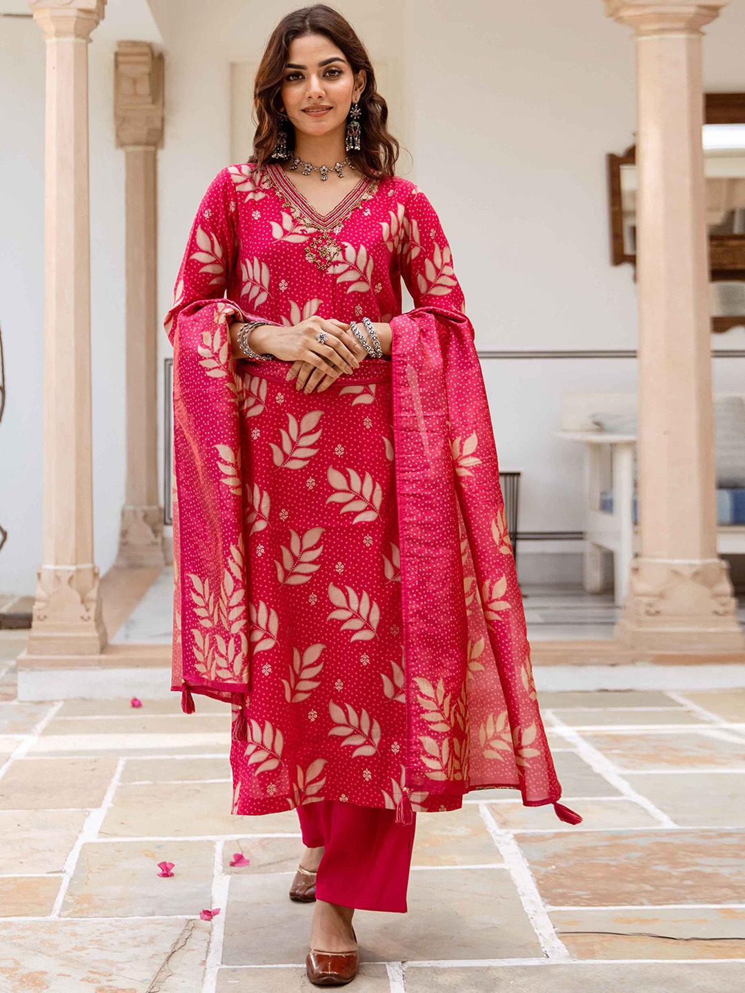 

Nehamta Floral Printed Beads and Stones Modal Muslin Straight Kurta With Trouser & Dupatta, Pink