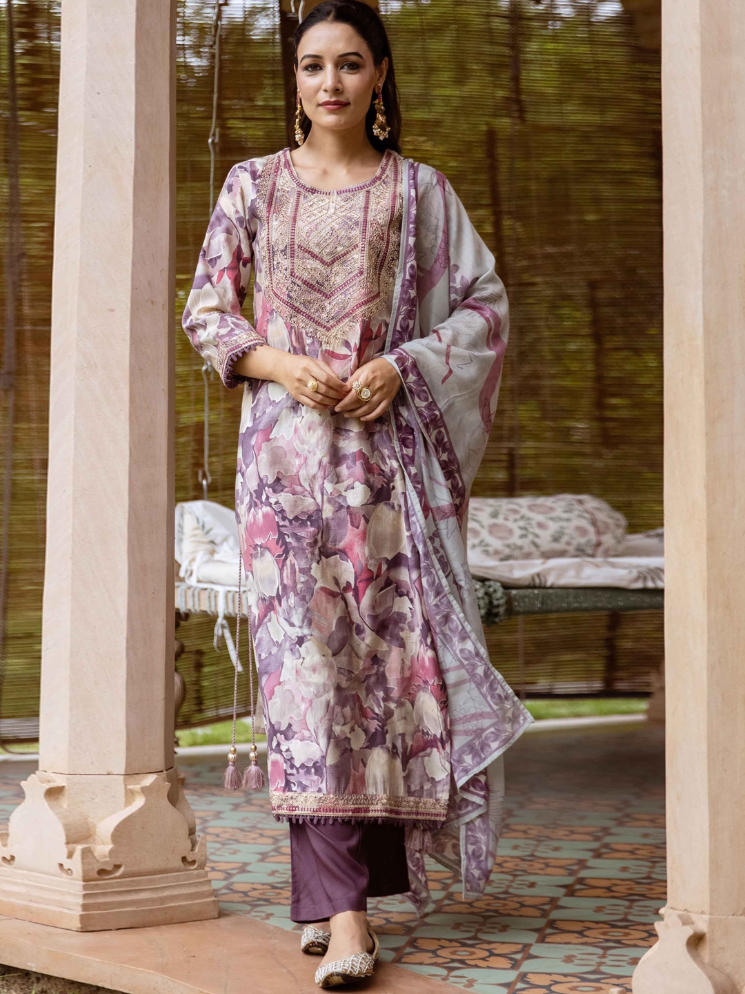 

Nehamta Floral Printed Sequinned Straight Kurta with Trousers & Dupatta, Purple