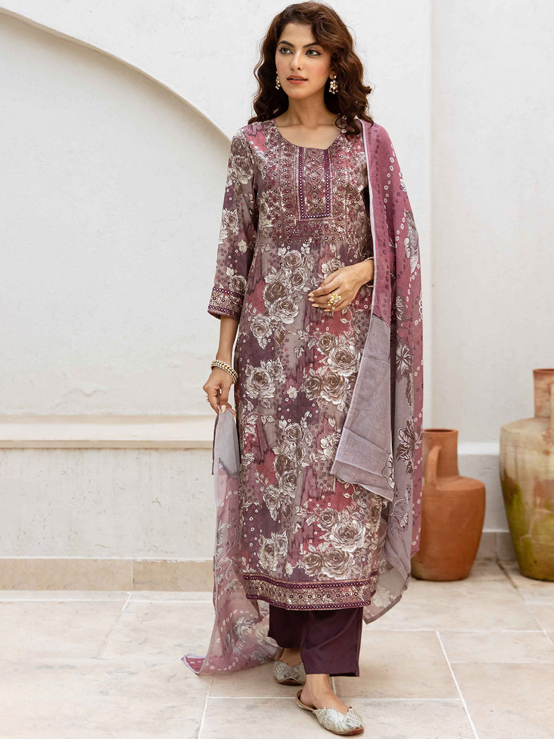 

Nehamta Floral Printed Mirror Work Pure Cotton Straight Kurta with Trousers & Dupatta, Purple