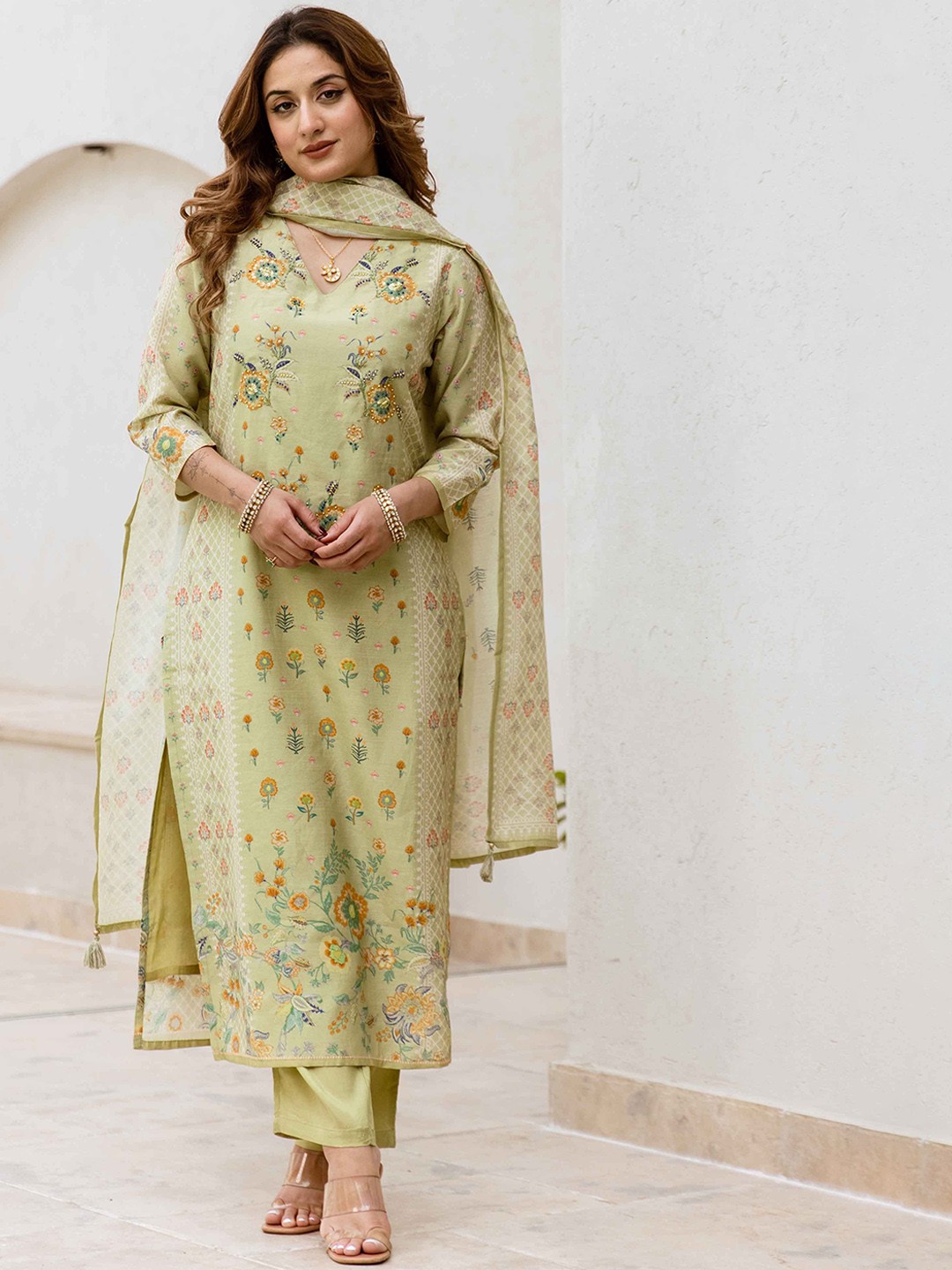 

Nehamta Floral Embroidered Sequinned Straight Kurta with Trousers & Dupatta, Green
