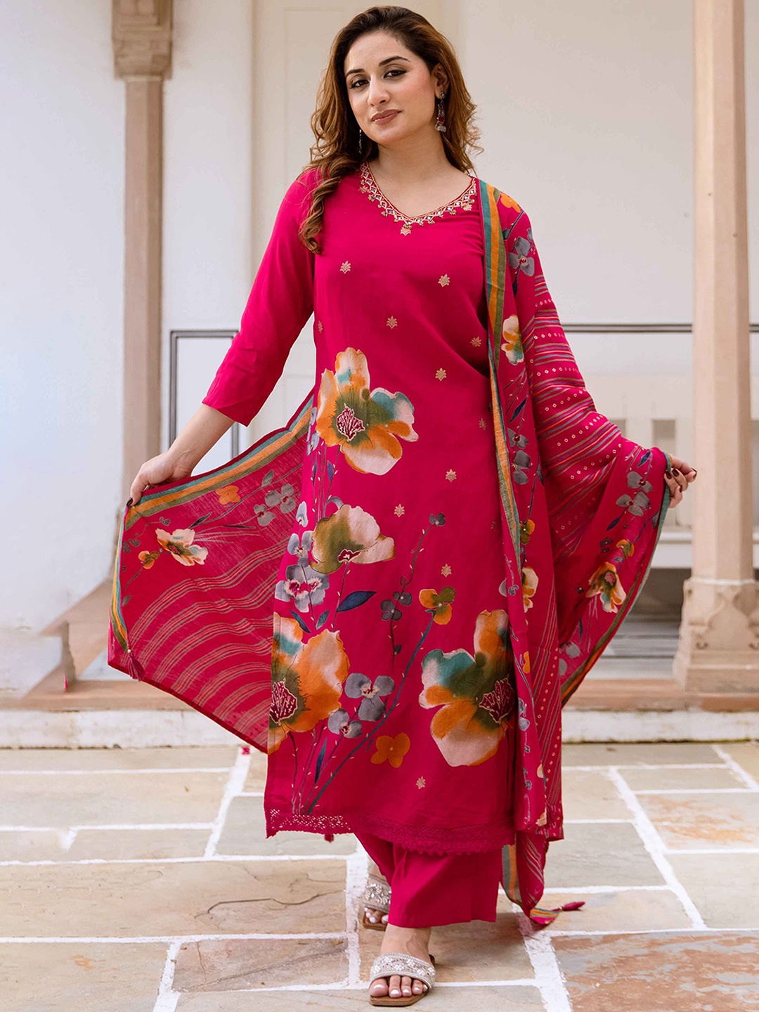 

Nehamta Floral Printed Beads and Stones Straight Kurta with Trousers & Dupatta, Pink