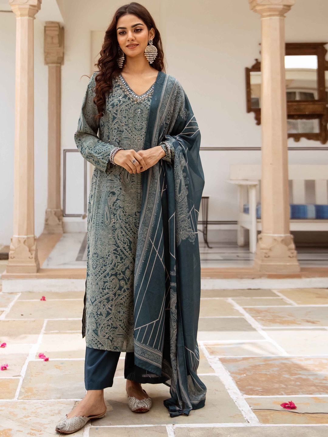 

Nehamta Paisley Printed Mirror Work Straight Kurta with Trousers & Dupatta, Teal