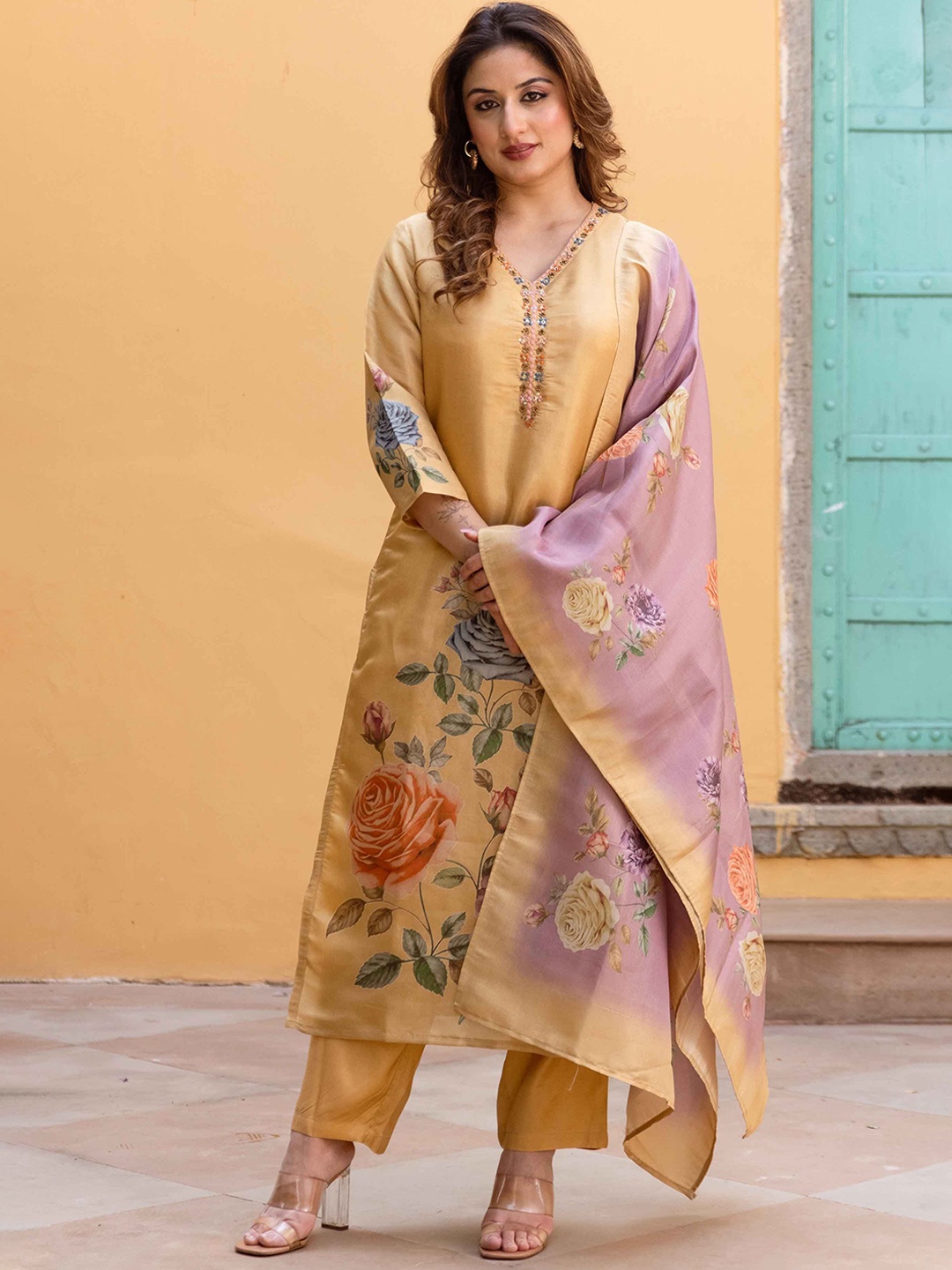 

Nehamta Floral Printed Sequinned Straight Kurta With Trouser And Dupatta, Mustard