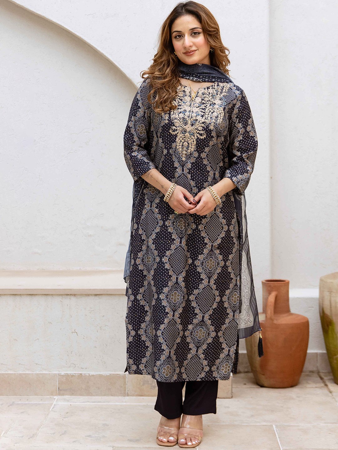 

Nehamta Floral Printed Notch Neck Sequinned Modal Muslin Kurta With Trousers And Dupatta, Blue