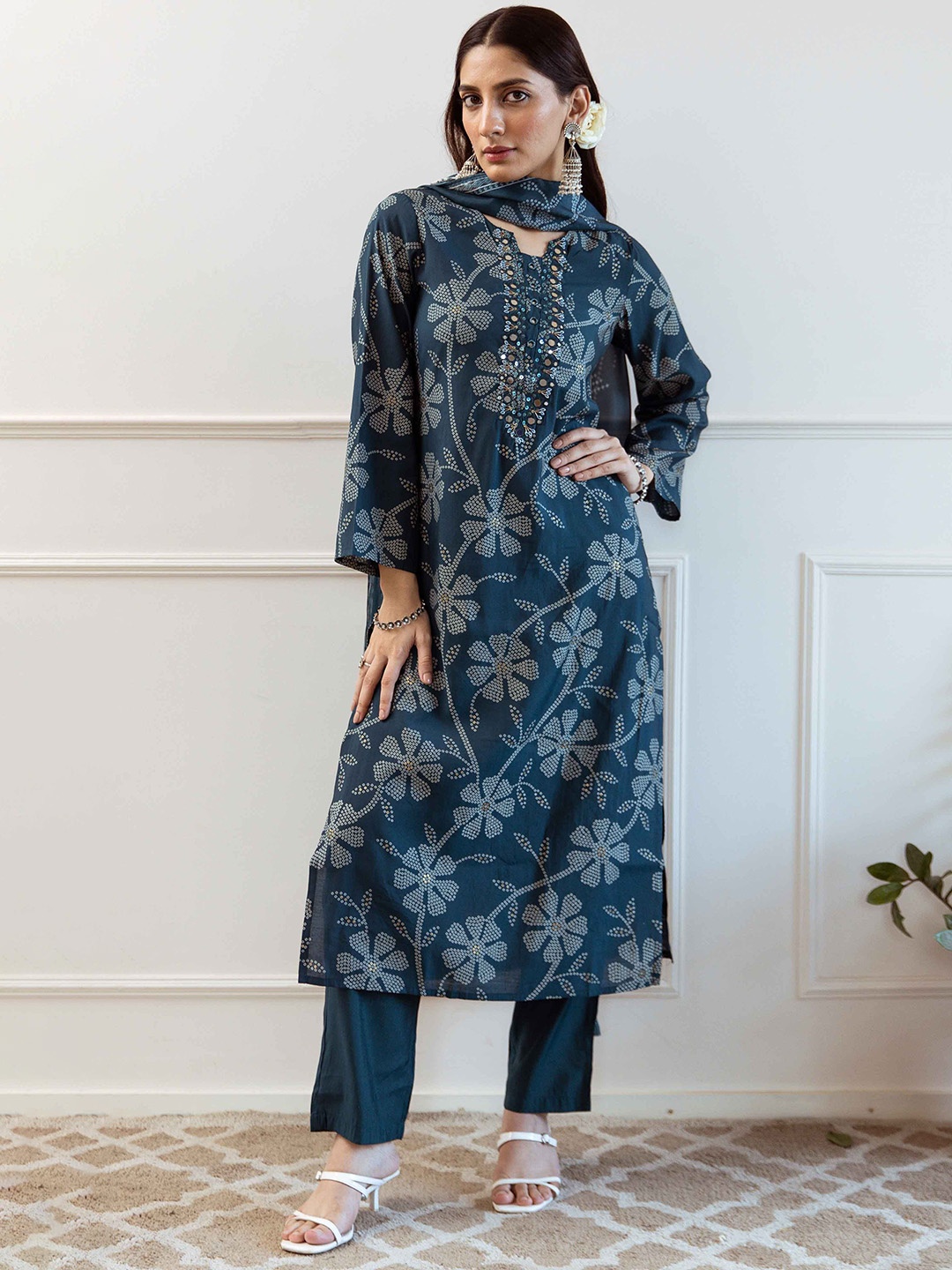 

Nehamta Floral Printed Embellished Straight Modal Muslin Kurta With Trouser & Dupatta, Teal