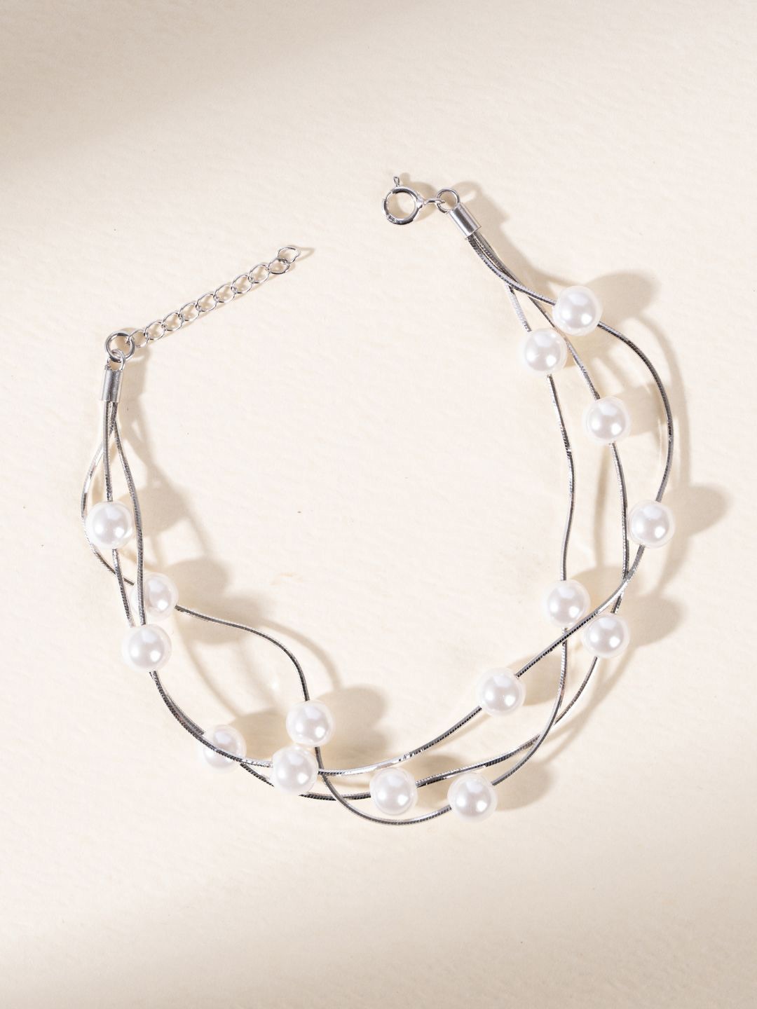 

GLYTERS Silver Pearl Beaded Multistrand Bracelet