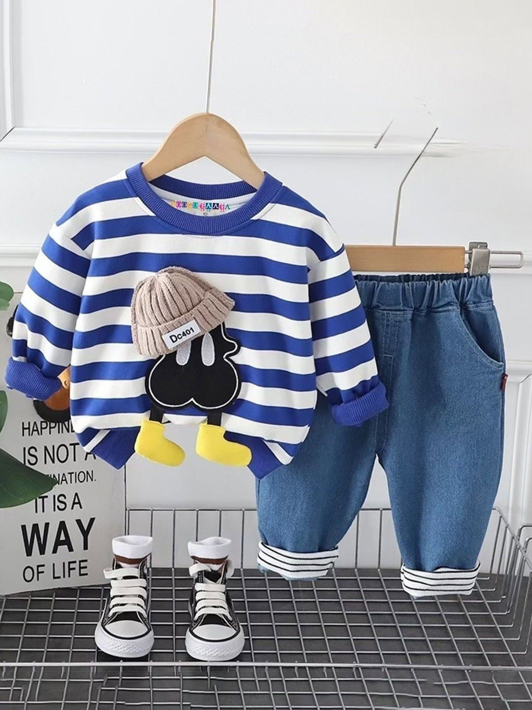 

PMD Fashion Boys Striped Printed T-shirt with Trousers, Blue