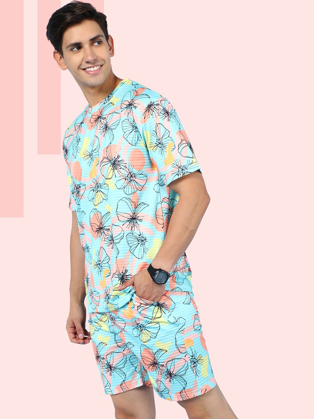 

INDICLUB Printed Round Neck Short Sleeves T-Shirt With Shorts, Blue
