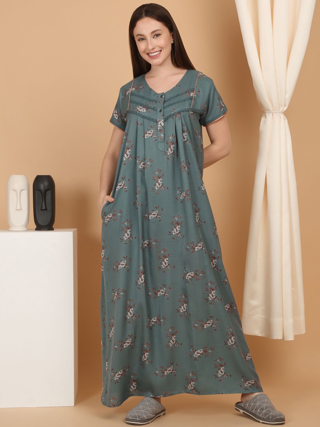 

Sweet Dreams Women Pure Cotton Printed Maxi Nightdress, Green