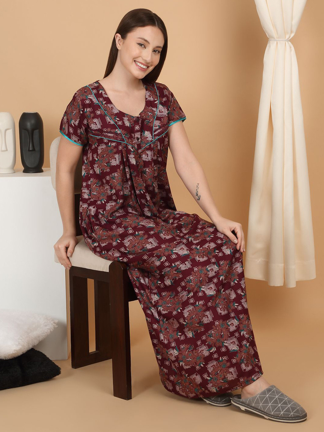 

Sweet Dreams Women Printed Pure Cotton Maxi Nightdress, Brown