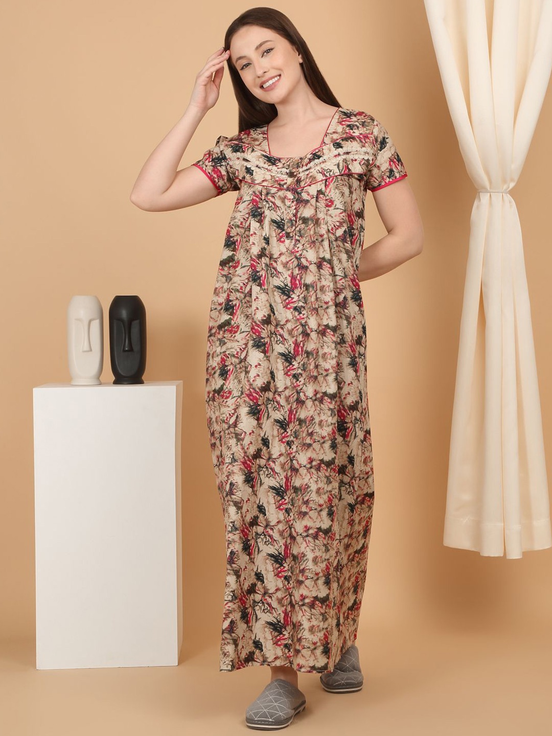 

Sweet Dreams Women Square Neck Pure Cotton Maxi Nightdress, Beige