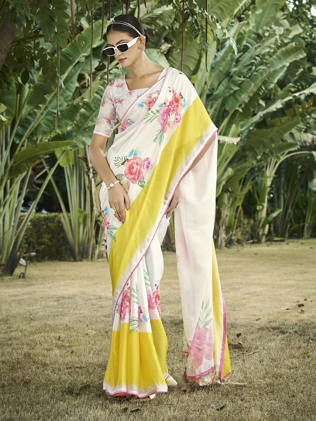 

Mitera Floral Printed Satin Saree, Cream