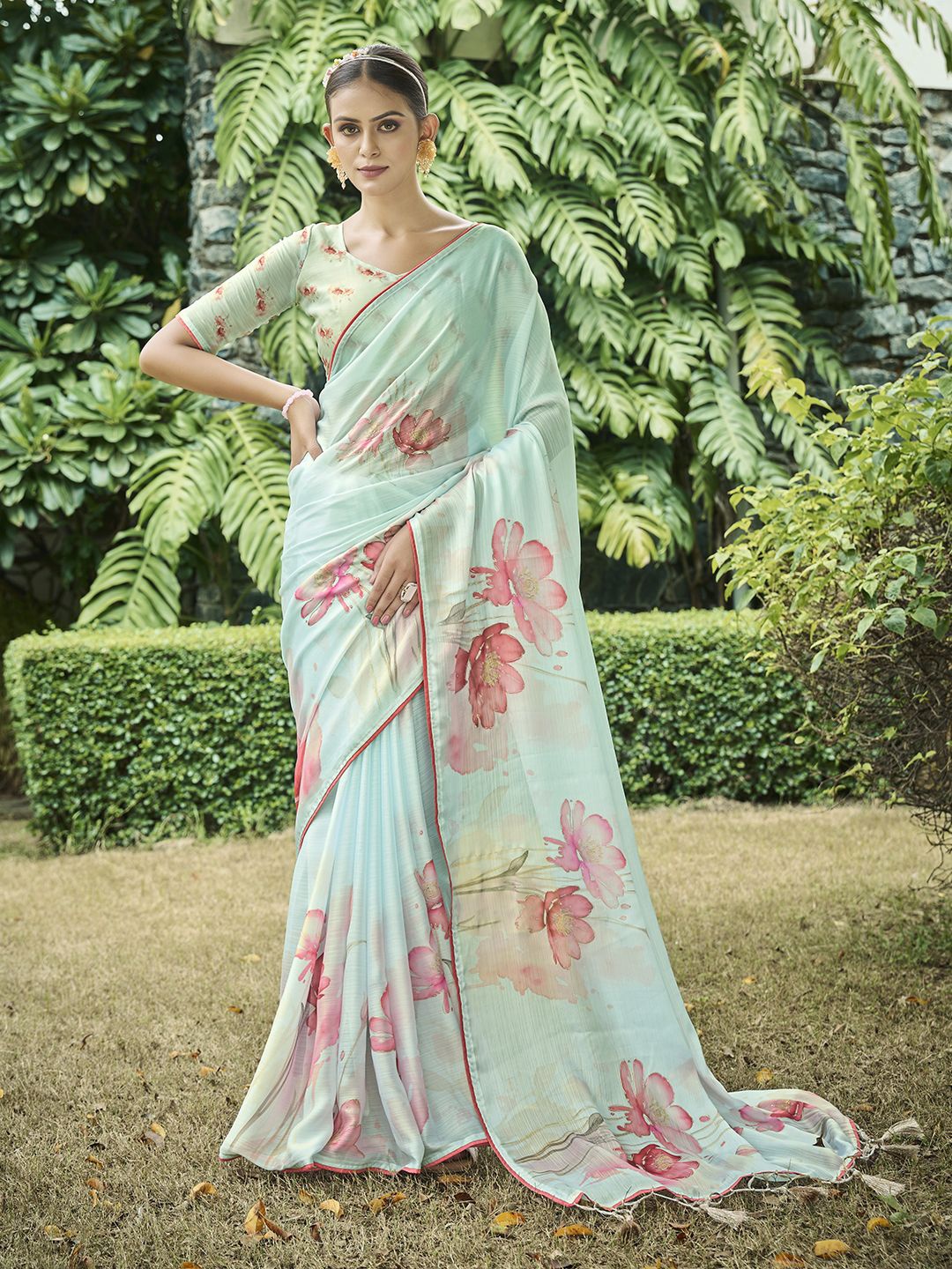 

Mitera Floral Satin Banarasi Saree, Sea green