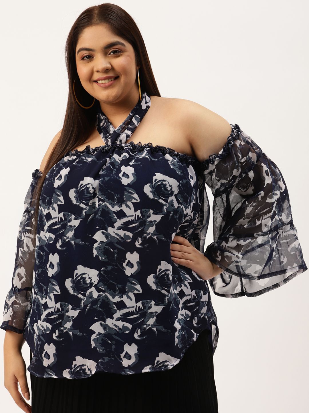 theRebelinme Plus Size Floral Printed Halter Neck Georgette Top, Navy blue