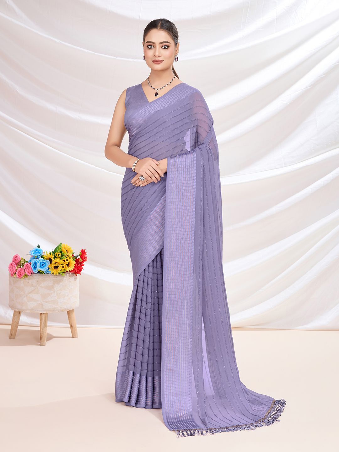Mitera Embellished Saree with Blouse Piece, Lavender