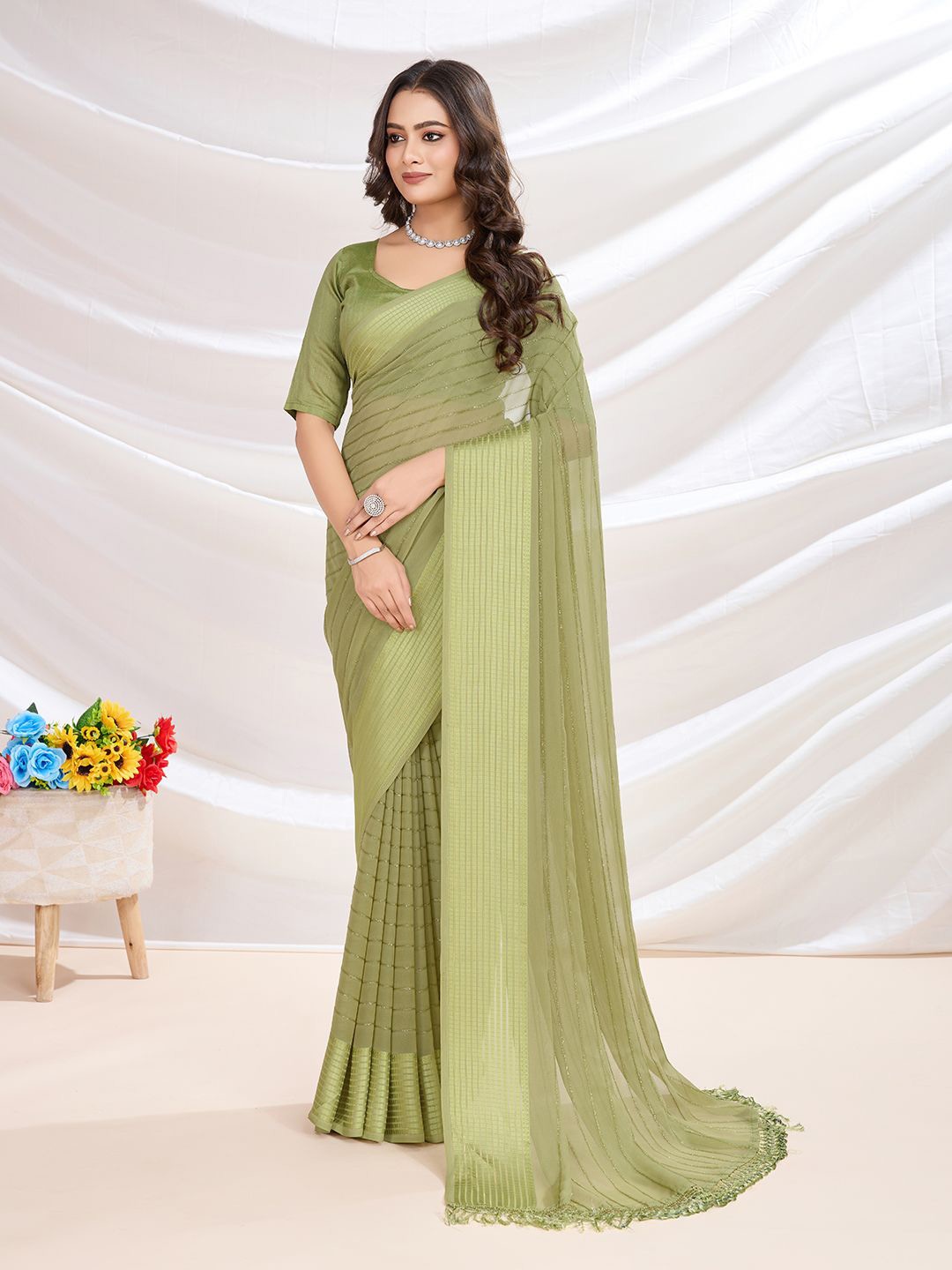 

Mitera Embellished Sequinned Saree, Green