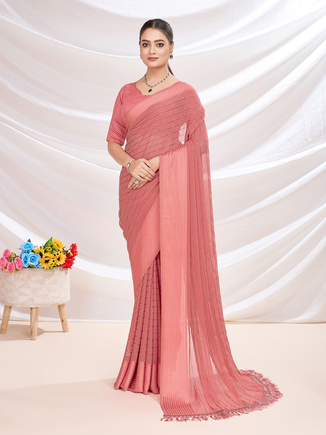 

Mitera Embellished Saree With Blouse Piece, Coral