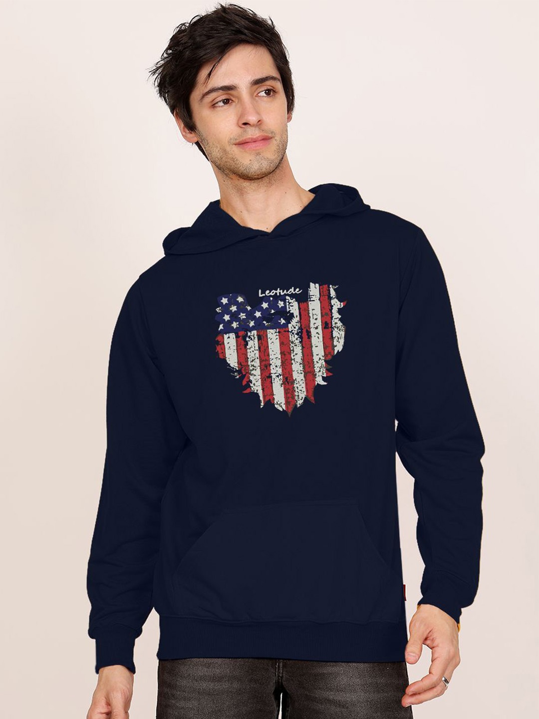 

Leotude Men Printed Hooded Sweatshirt, Navy blue