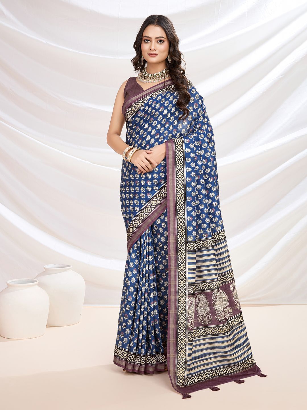 

Mitera Ajrak Block Zari Pashmina Saree, Blue