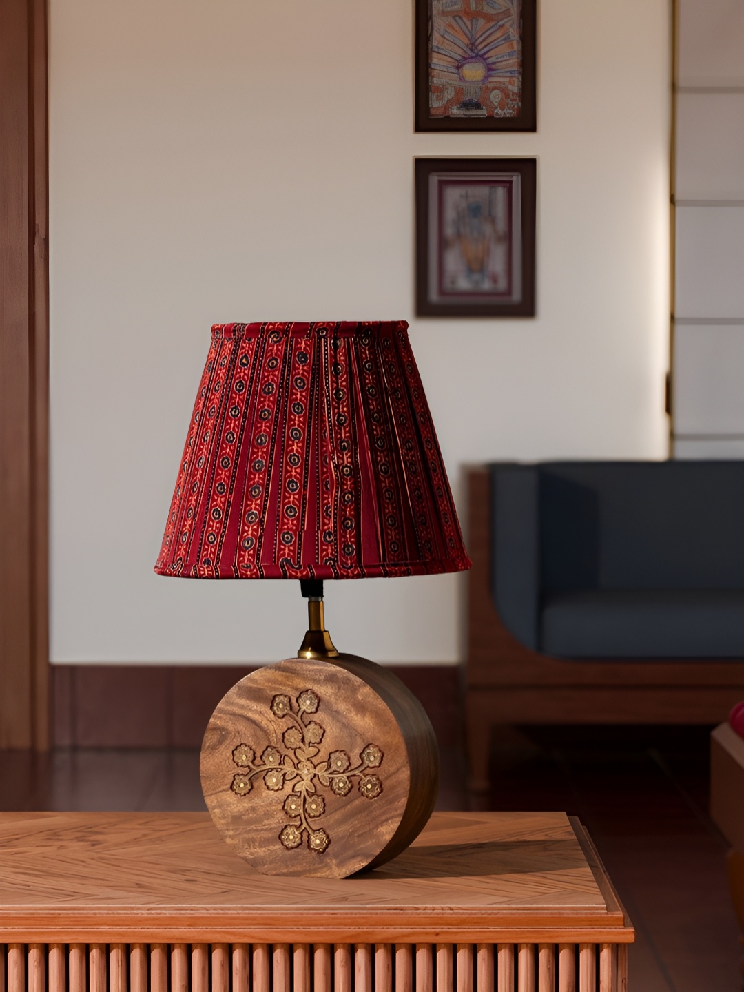 

Eyaas Red Conical Shaped Lamp Shade in Pleated Ajrakh