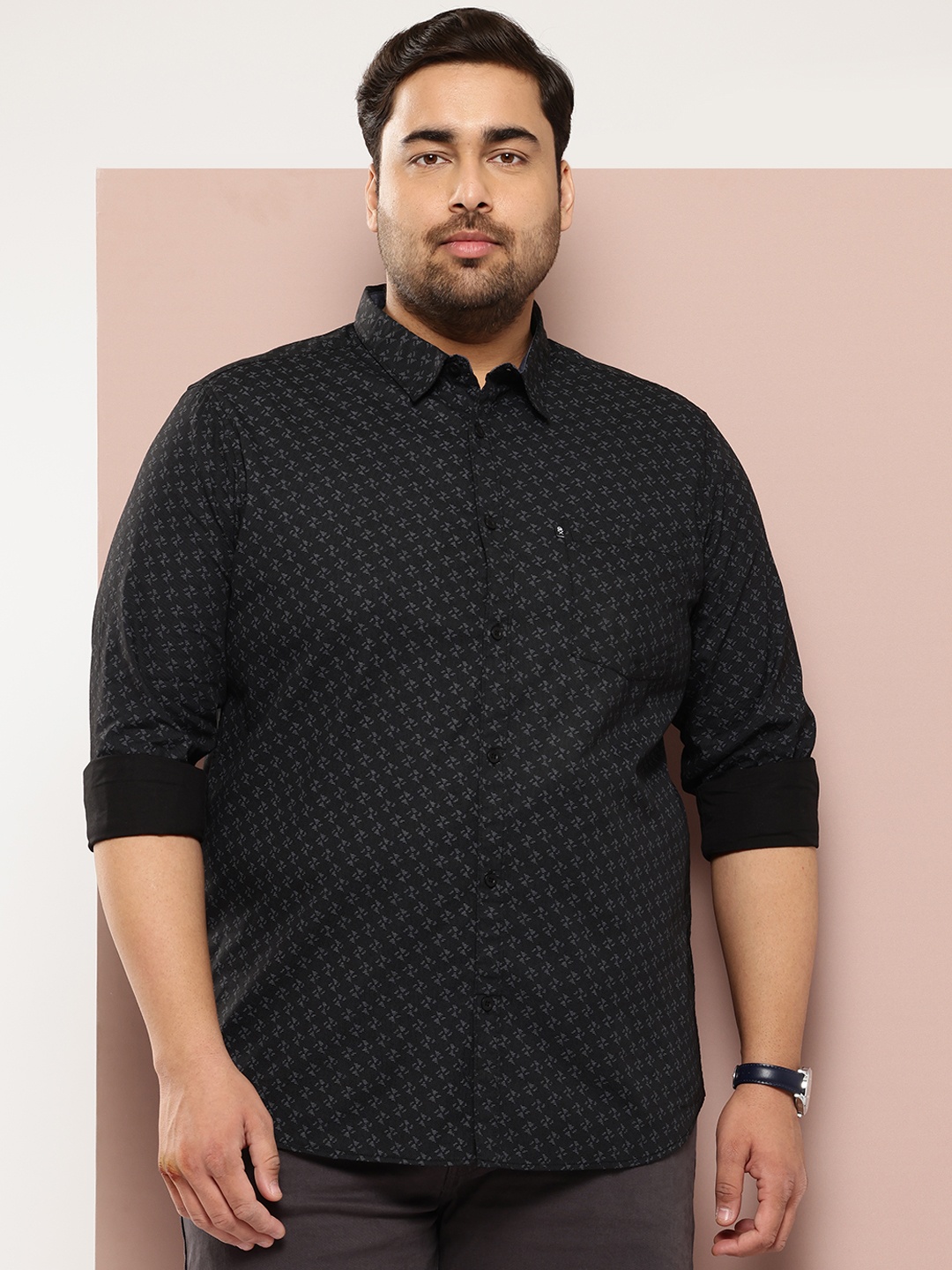 

Thomas Scott Plus Size Premium Printed Pure Cotton Casual Shirt, Black