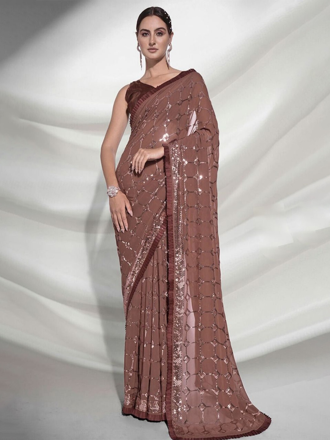 

HERE&NOW Sequinned Poly Georgette Saree, Brown