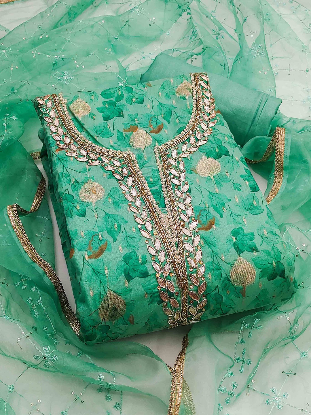 

KALINI Floral Printed Embellished Organza Unstitched Dress Material, Green