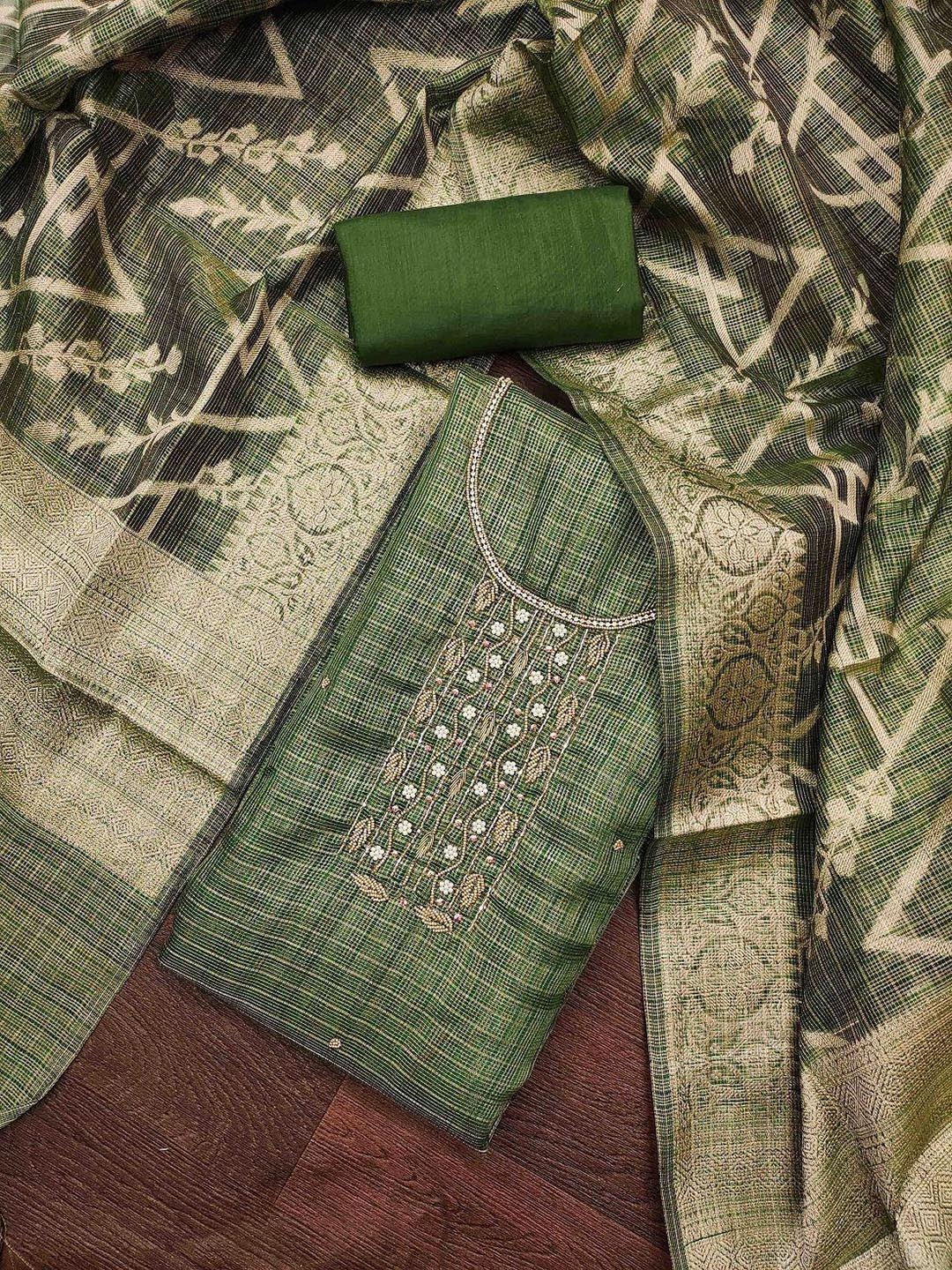 

KALINI Checked Printed Woven Design Beads And Stones Unstitched Dress Material, Green