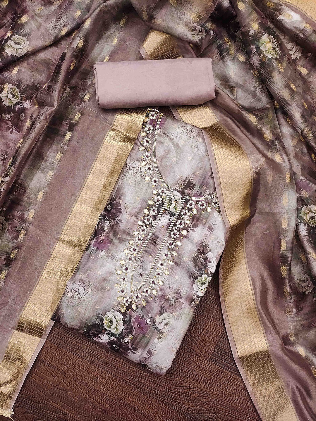 

KALINI Floral Printed Embellished Unstitched Dress Material, Mauve