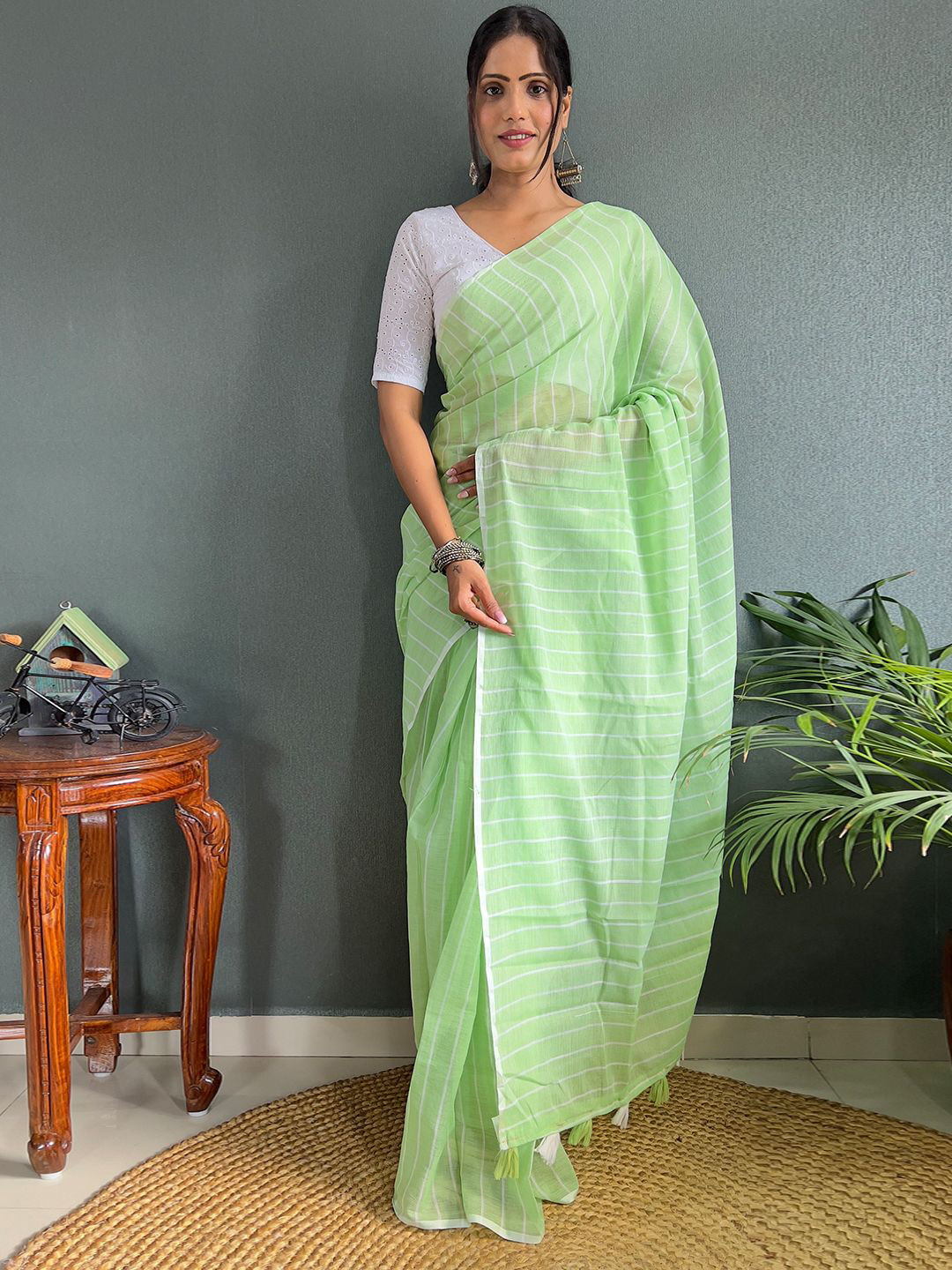 

Mitera Striped Chanderi Linen Saree, Green