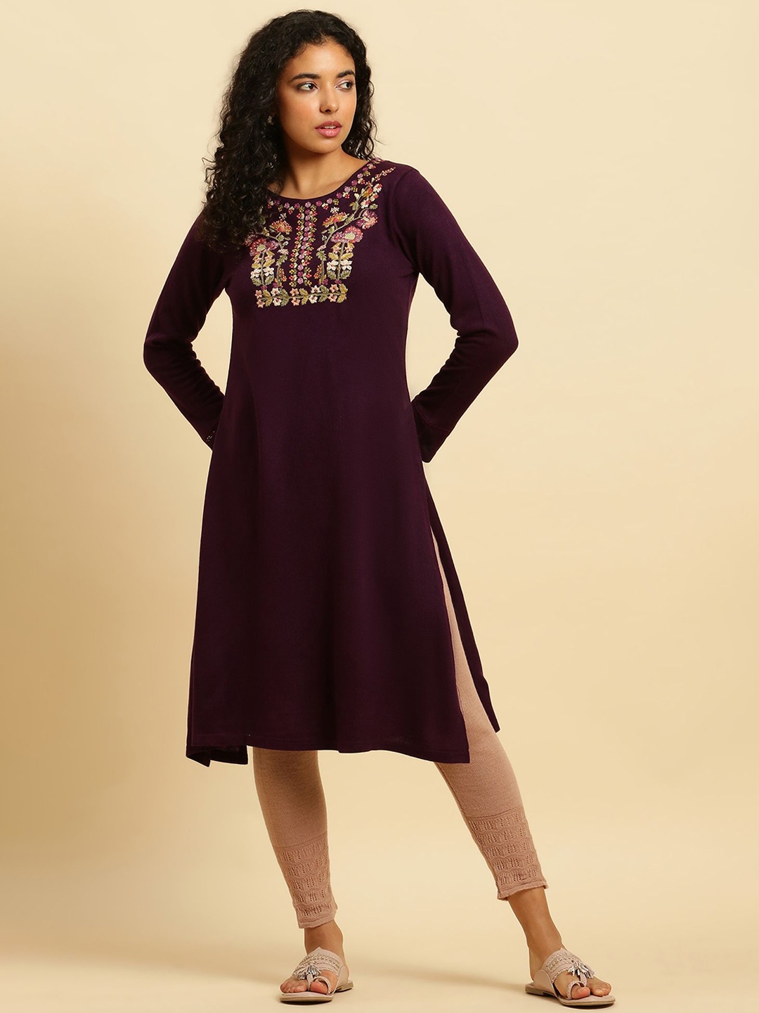 

W Purple Floral Embroidered Round Neck Knitted Straight Kurta