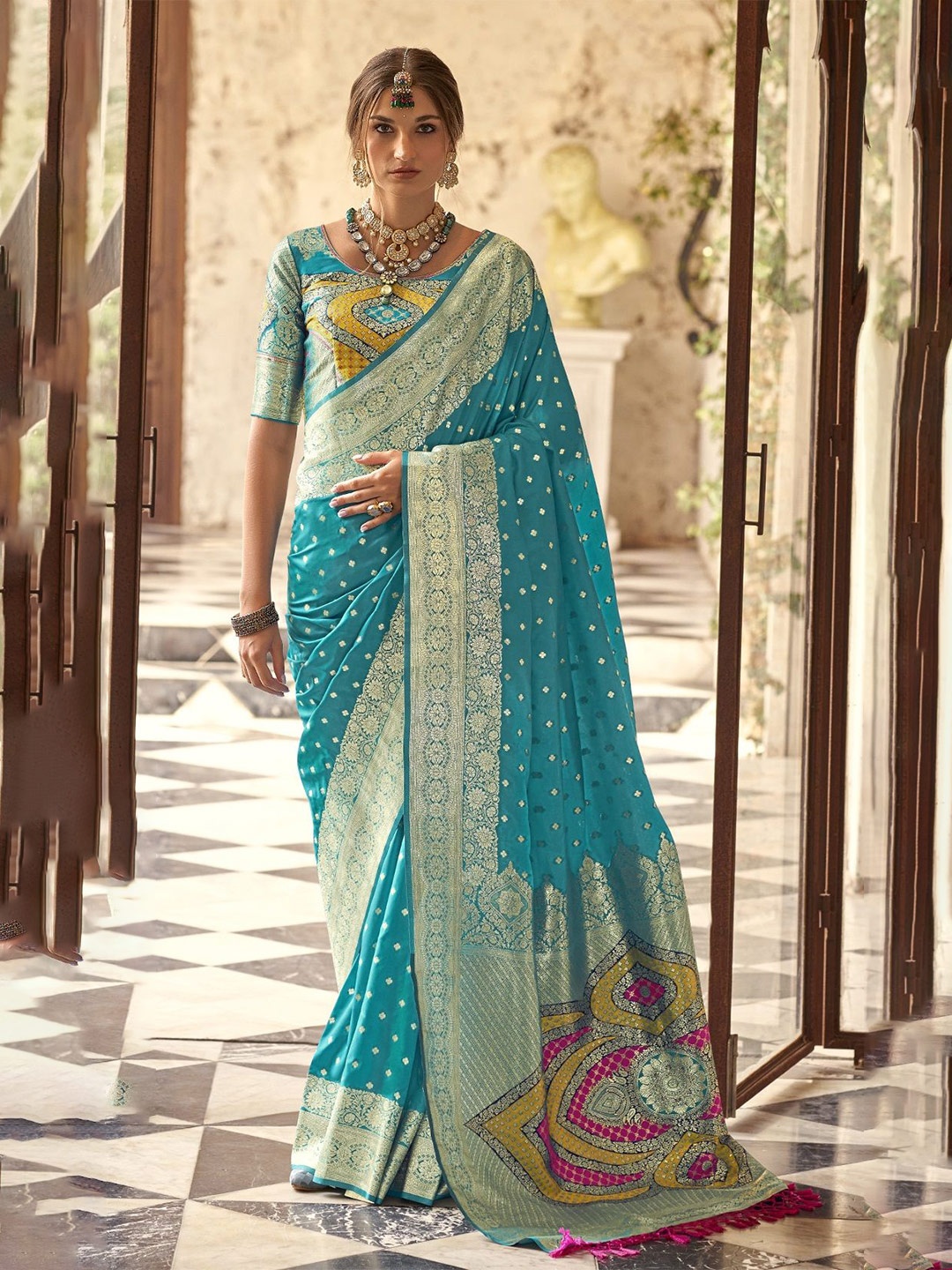 

MAHALASA Woven Design Zari Pure Silk Banarasi Saree, Turquoise blue