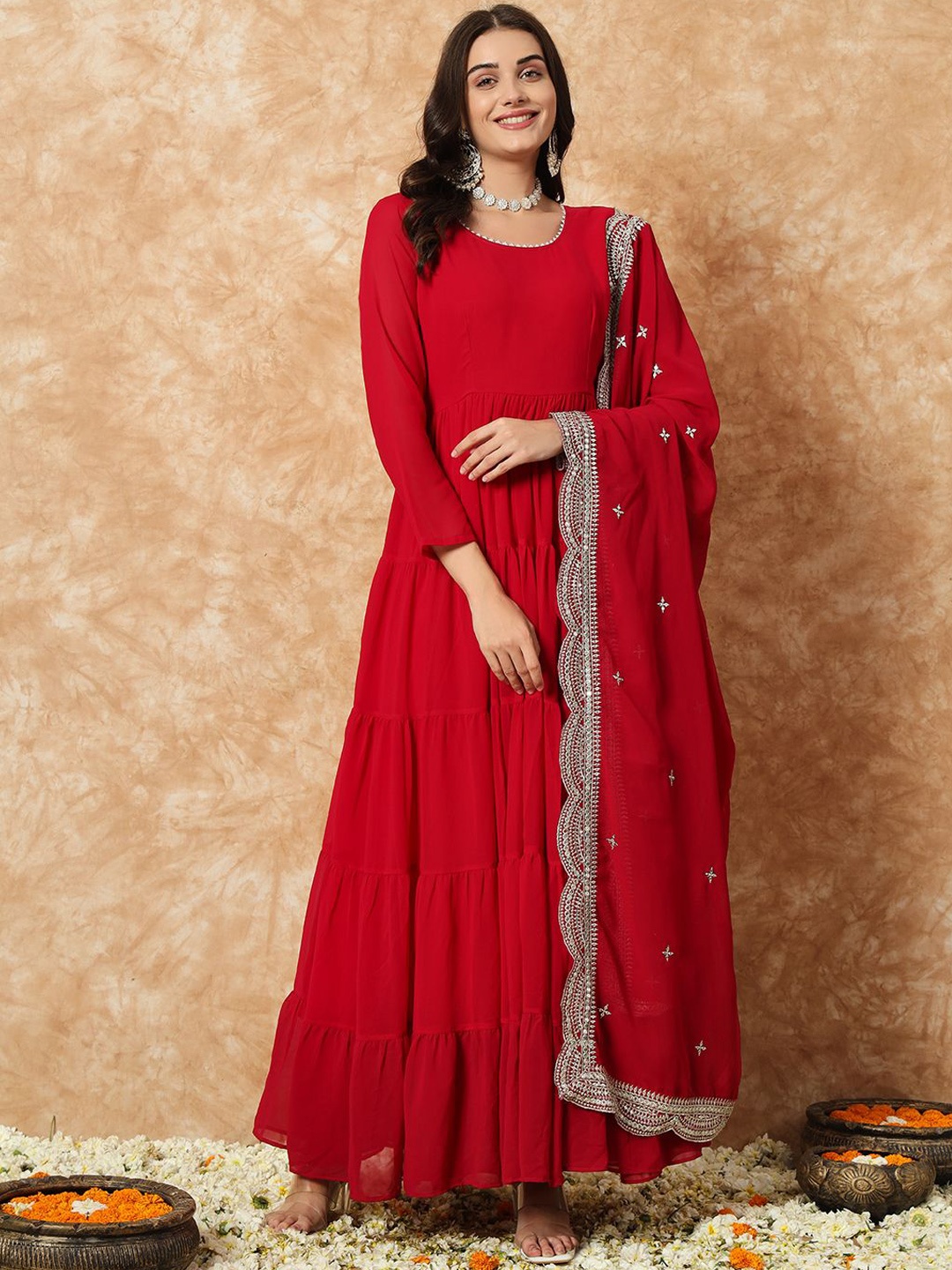 

Ethnic Yard Round Neck Gotta Patti Georgette Anarkali Kurta with Trouser & Dupatta, Maroon