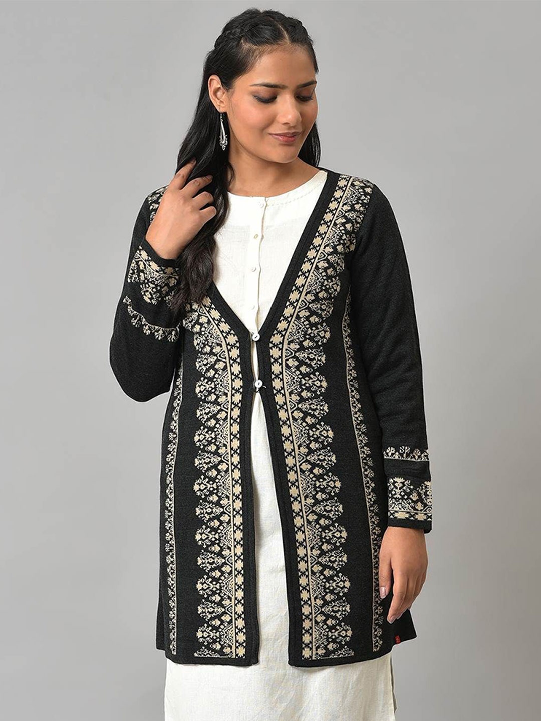 

W Women Ethnic Motifs Printed Cardigan, Black