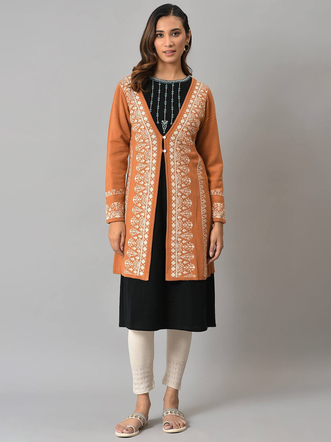 

W Women Floral Printed Longline Cardigan Sweaters, Orange