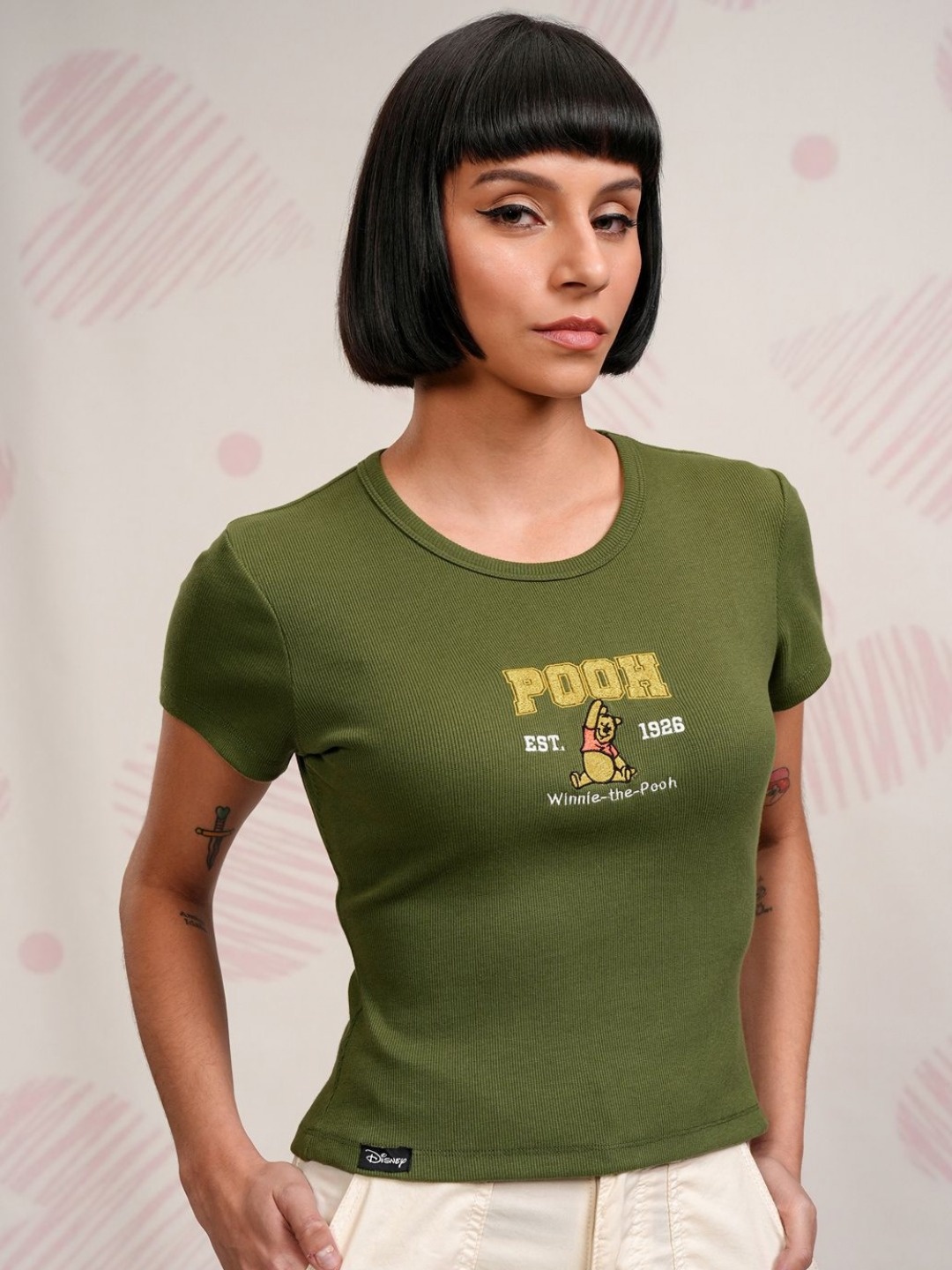 

Tokyo Talkies Disney Women Beige Winnie The Pooh Embroidered Rib Tshirt, Olive