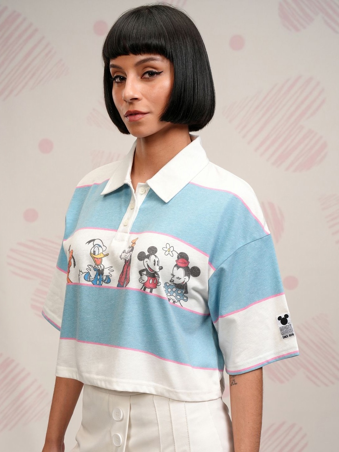 

Tokyo Talkies Disney Women Mickey Friends Striped Crop Tshirt, Blue